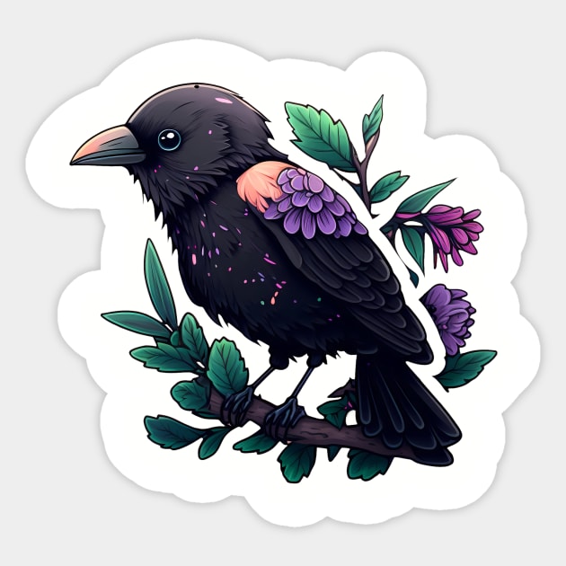 Beautiful colorful corvus with flowers and leaves Sticker by Cute Planet Earth Mini